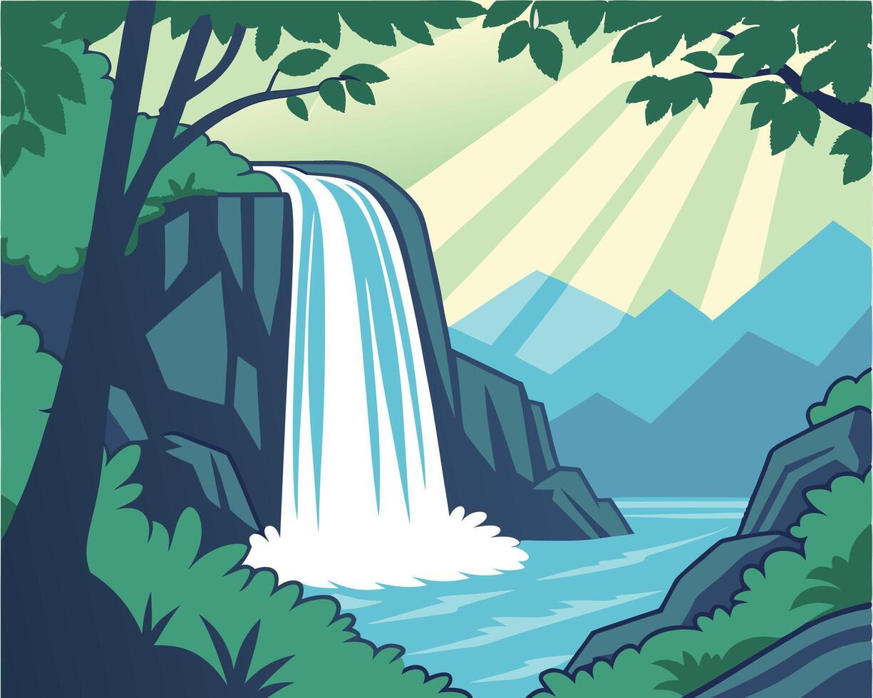 illustration of a picturesque cartoon waterfall flowing through a lush green forest landscape. vector