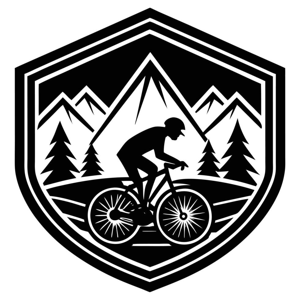 Mountain biking adventure silhouette emblem featuring rider trees and mountain peaks vector