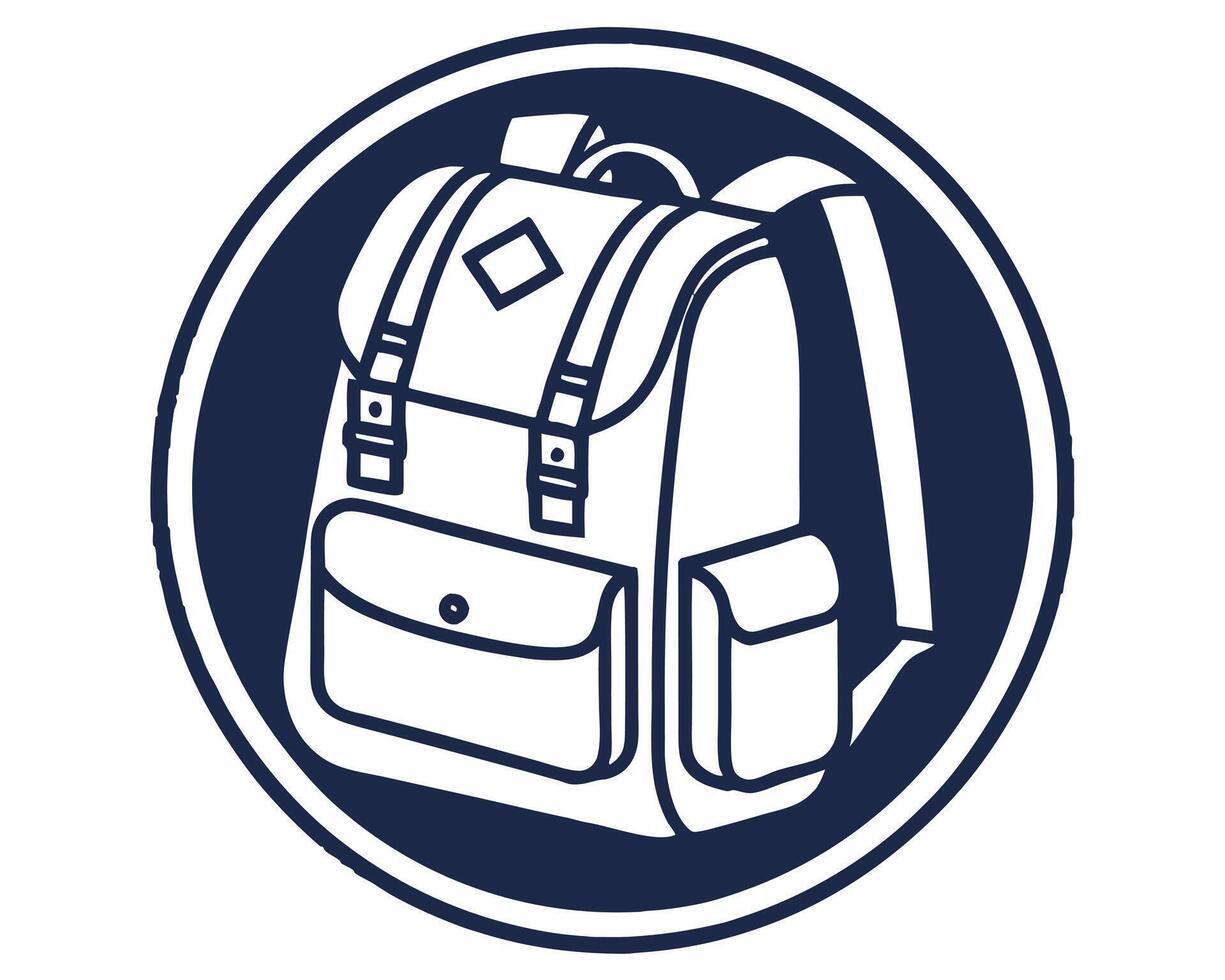 Illustrated backpack emblem in a blue circle perfect for travel and adventure logo designs vector