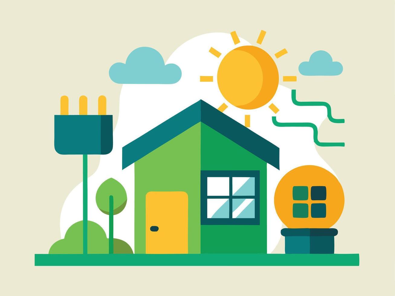 Sustainable energy home illustrated with sun clouds plug and energy efficient lighting vector