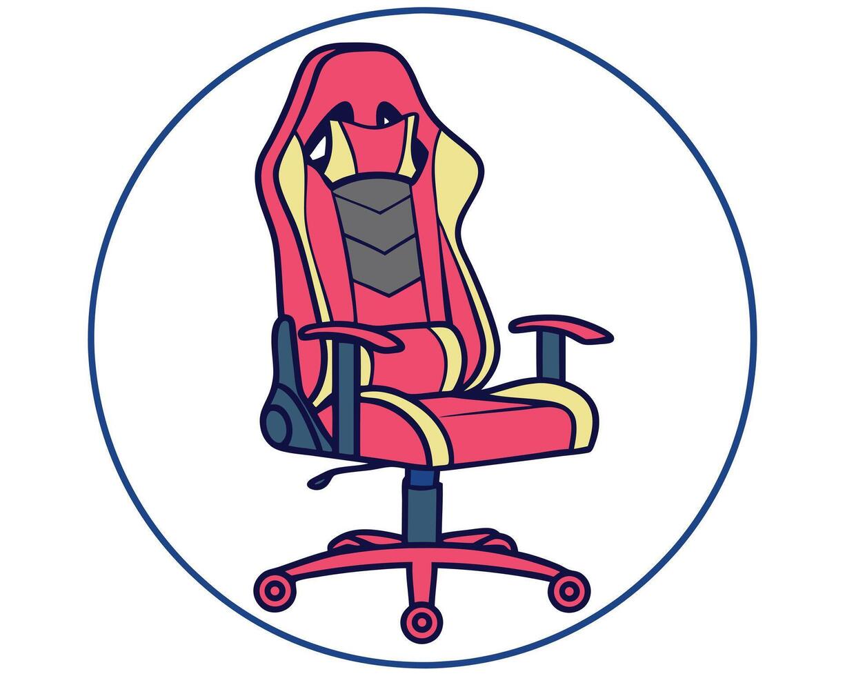 illustration of a modern gaming chair inside a blue circular frame isolated on white background vector