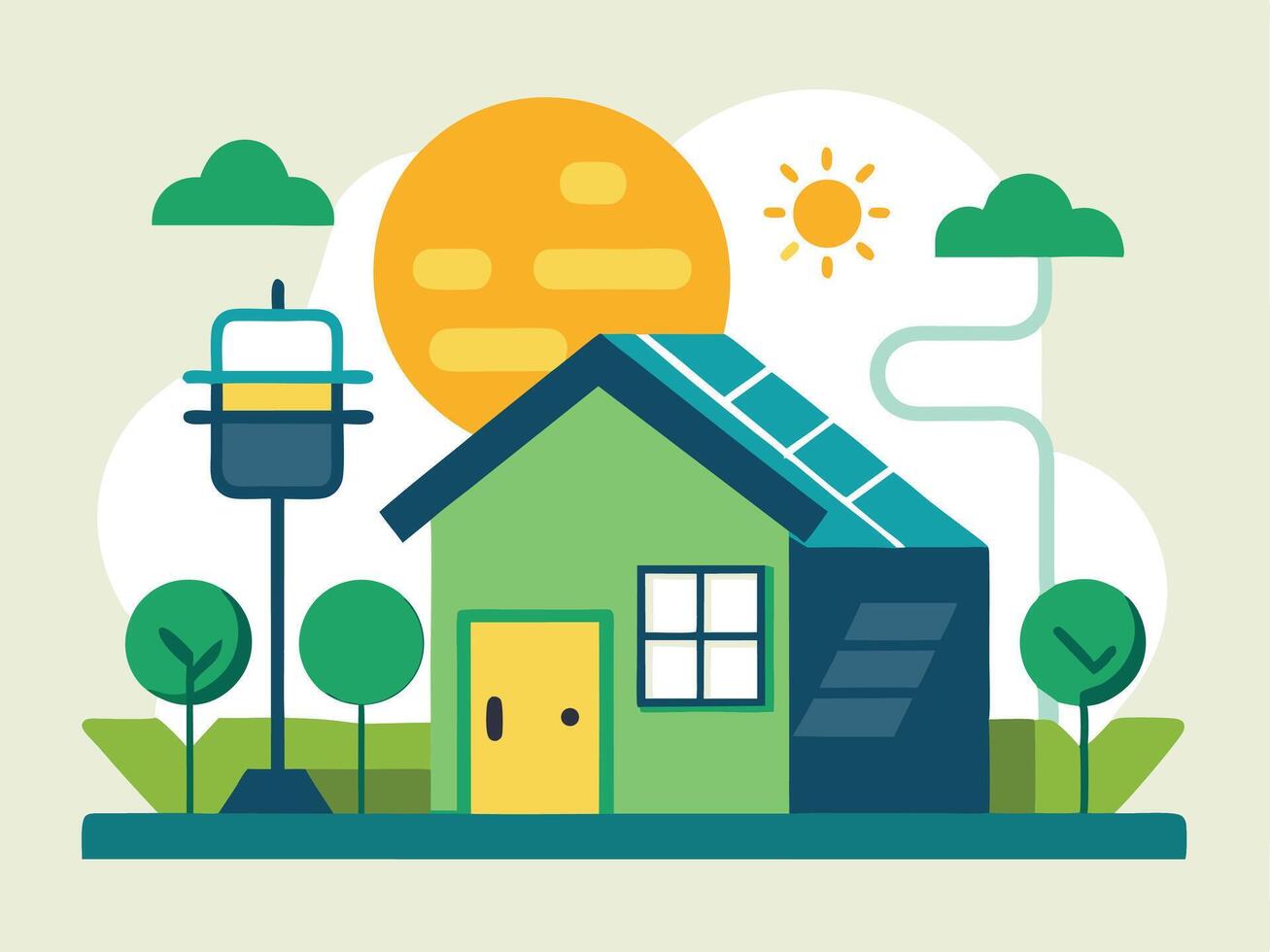 Modern illustration of a house with trees sun and environmental friendly features depicted in style vector