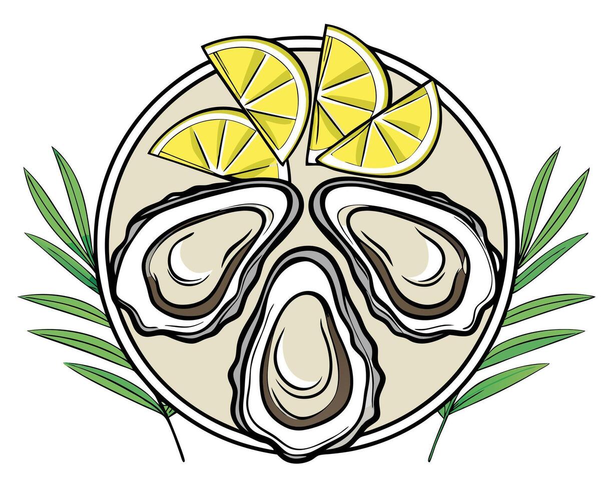 Fresh oysters served on a plate with lemon wedges and tropical leaf decoration vector