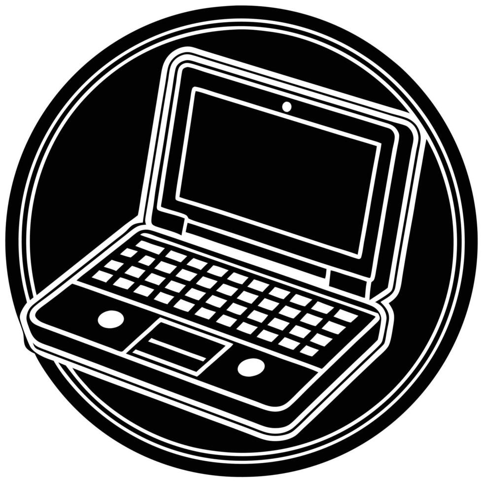Simple black and white illustration of a laptop computer inside a circular frame design vector