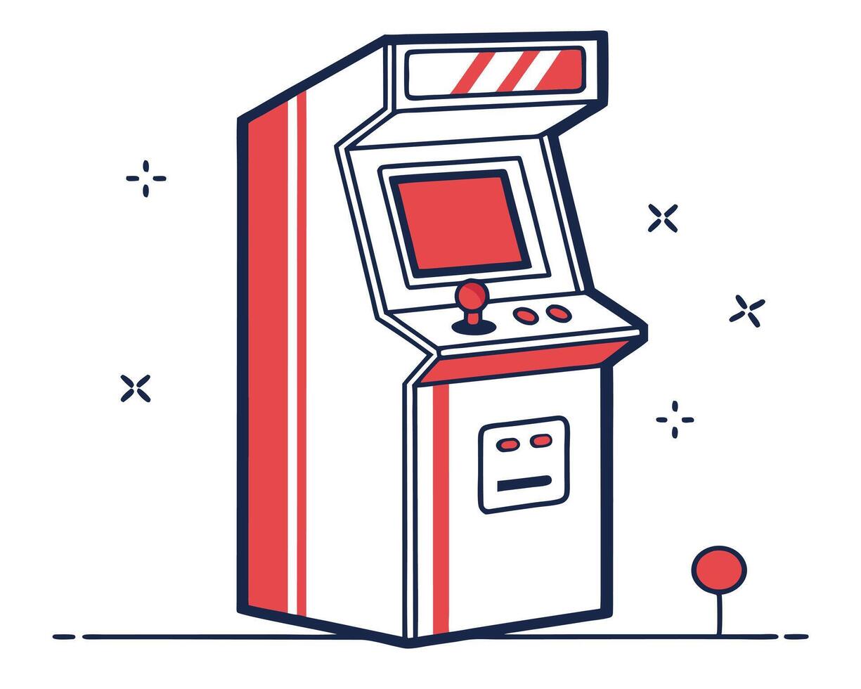Illustrated retro arcade game machine in style with red and white colors vector