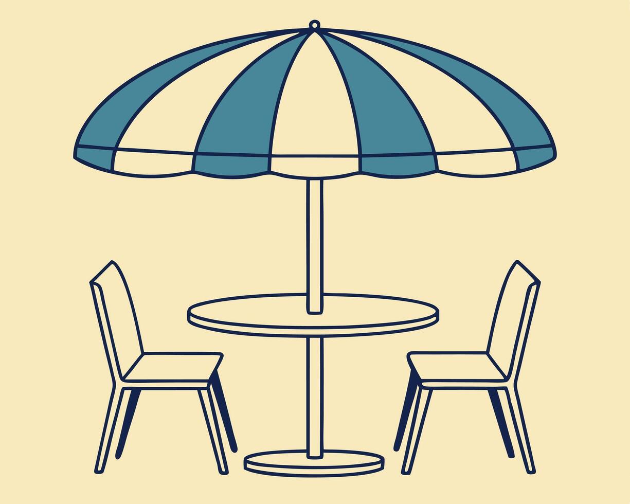 Outdoor cafe table with umbrella and chairs in a simple minimalist illustration vector