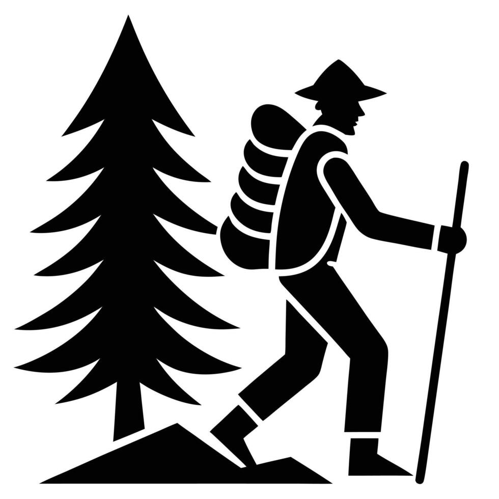 Black and white minimalist illustration of a hiker with a backpack next to a tall tree vector