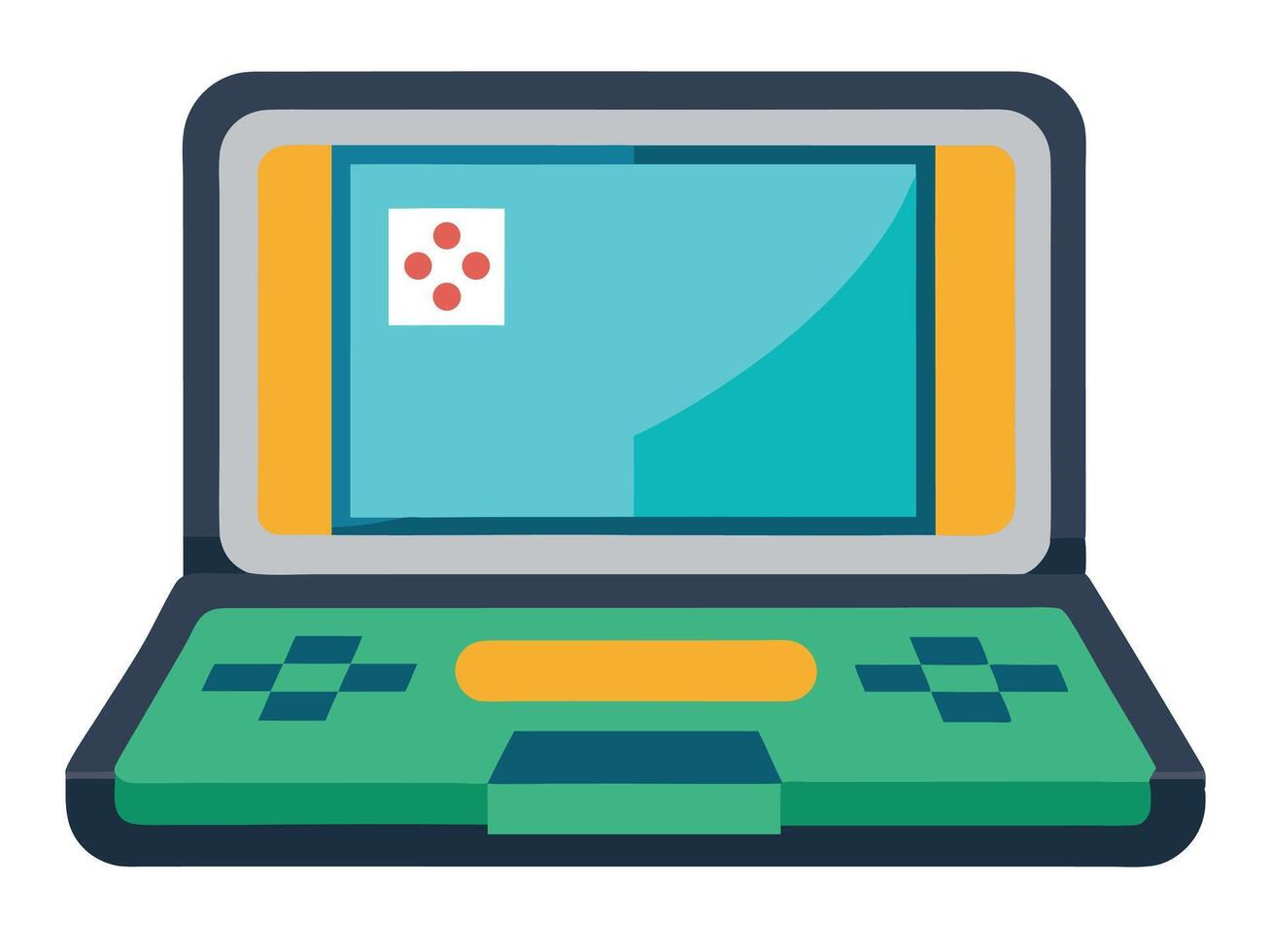 Illustrated laptop computer graphic with retro gaming console design and four dot icon on the screen. vector
