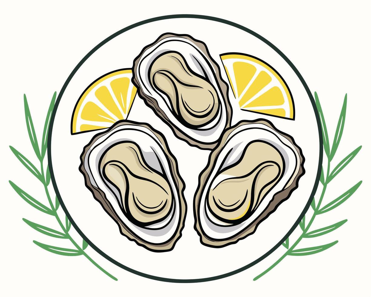 Delicious cartoon oysters served on a white plate with lemon wedges and green herb sprigs. vector