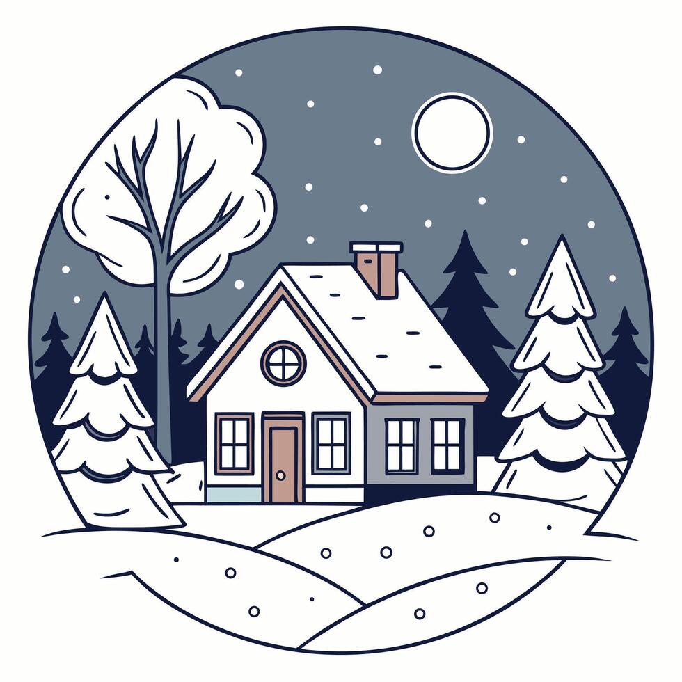 Winter scene of a cozy house with snow covered trees and hills vector