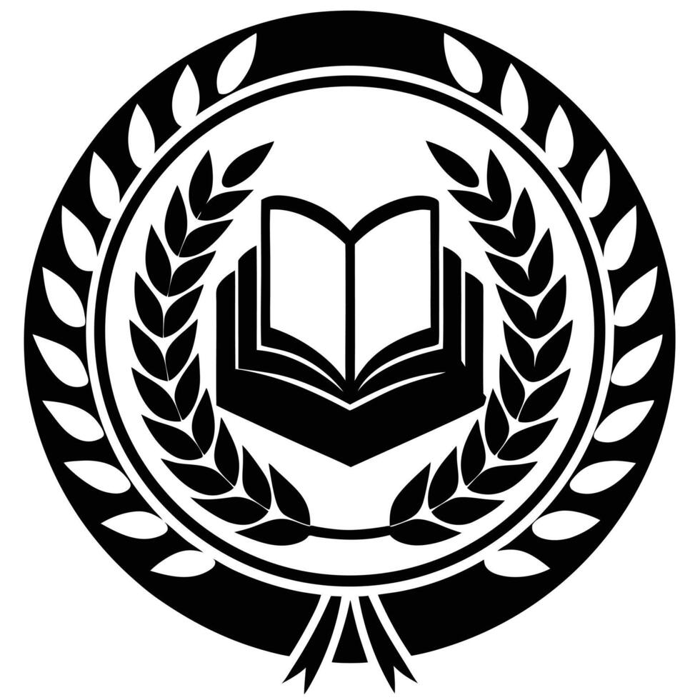 Elegant black and white educational emblem depicting a book within laurel wreath design. vector