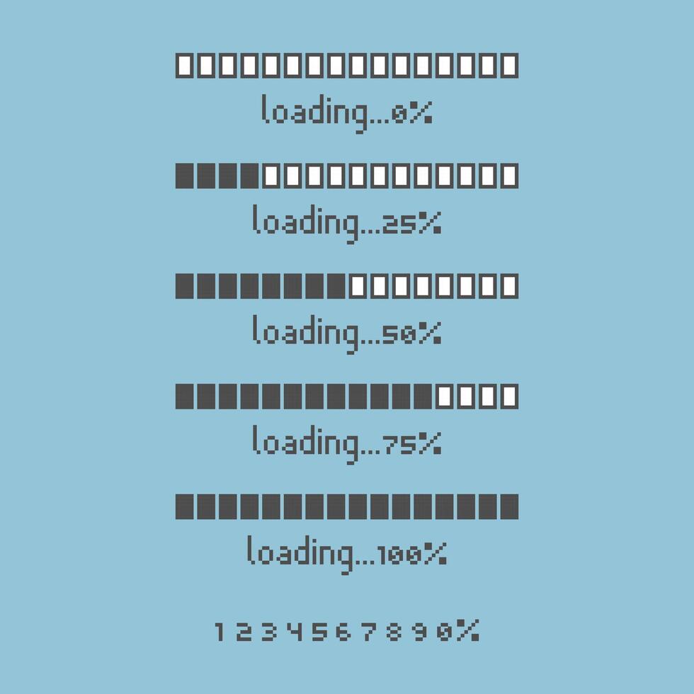 set of retro game 8bit pixel art loading process progress counter bar computer battery, banner vector
