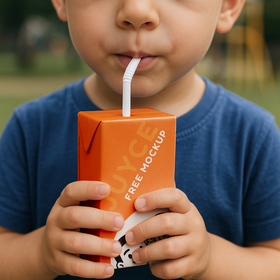 juice box mockup with child drinking psd