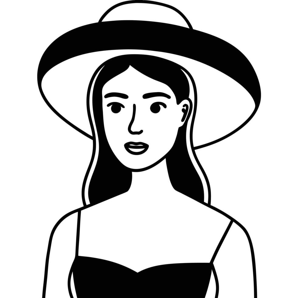 Stylish illustration of a woman wearing a sun hat graphic in a minimalist black and white style vector