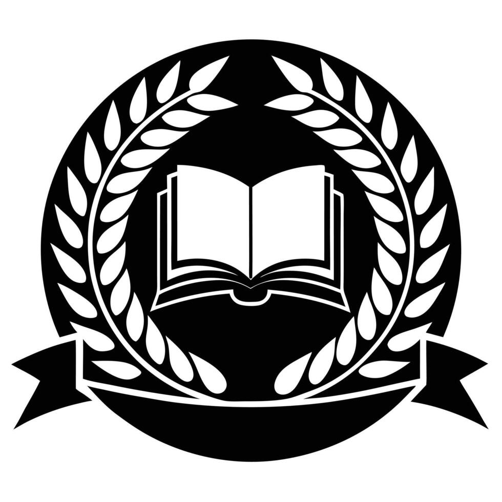 Elegant black and white book logo design encircled by laurel leaves and a decorative ribbon element. vector