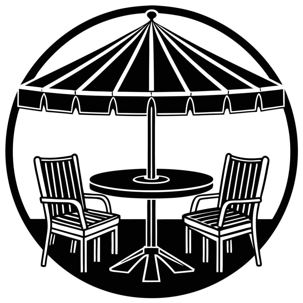 Black and white illustration of patio furniture including table umbrella and chairs within a circle vector
