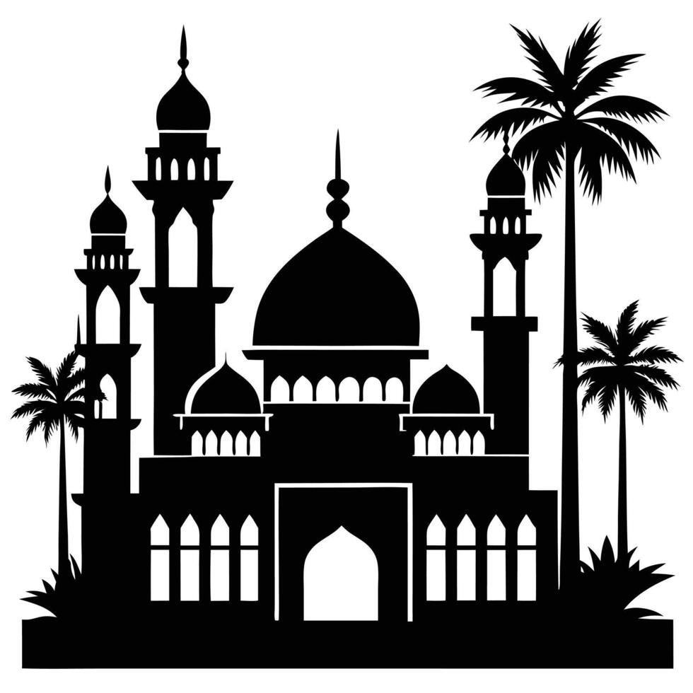 Black and white silhouette of a mosque with palm trees graphic vector