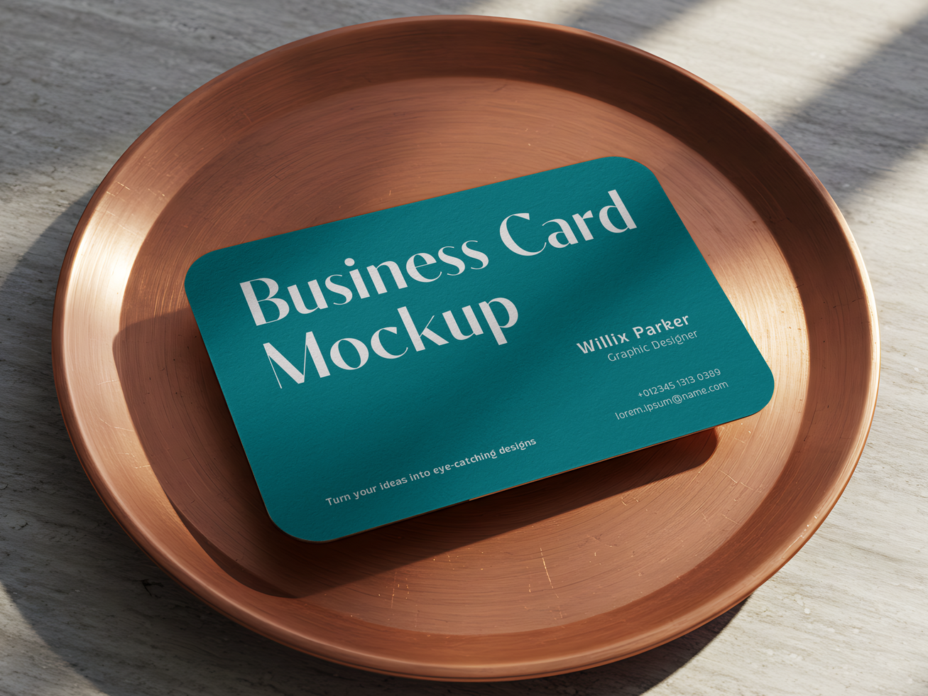 Modern Rounded Business Card Mockup on Copper Plate with Shadow psd