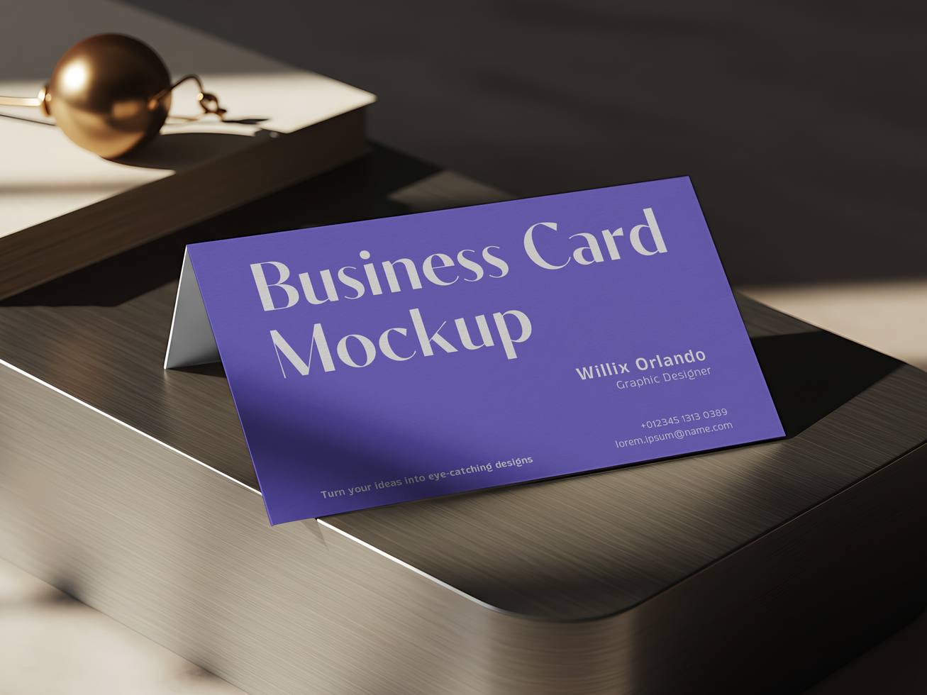 Standing Folded Business Card Mockup with Elegant Shadow on Metal Surface psd