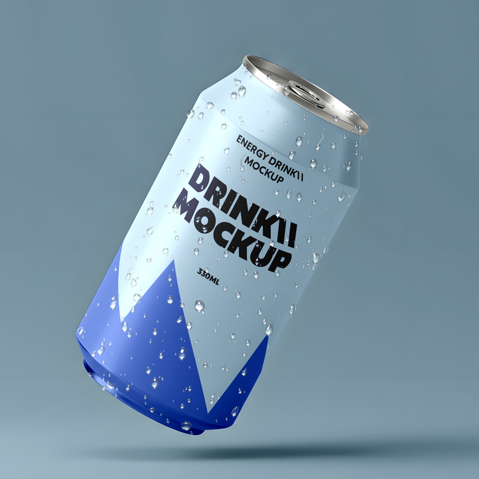 Floating Aluminum Can Mockup with Water Droplets on Blue Background psd