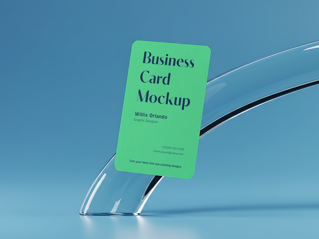 Vertical Business Card Mockup Displayed on Transparent Abstract Object with Blue Background psd