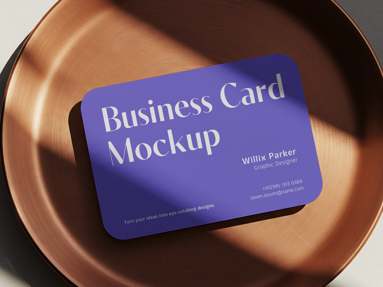 Rounded Business Card Mockup on Copper Plate with Natural Light Shadow psd