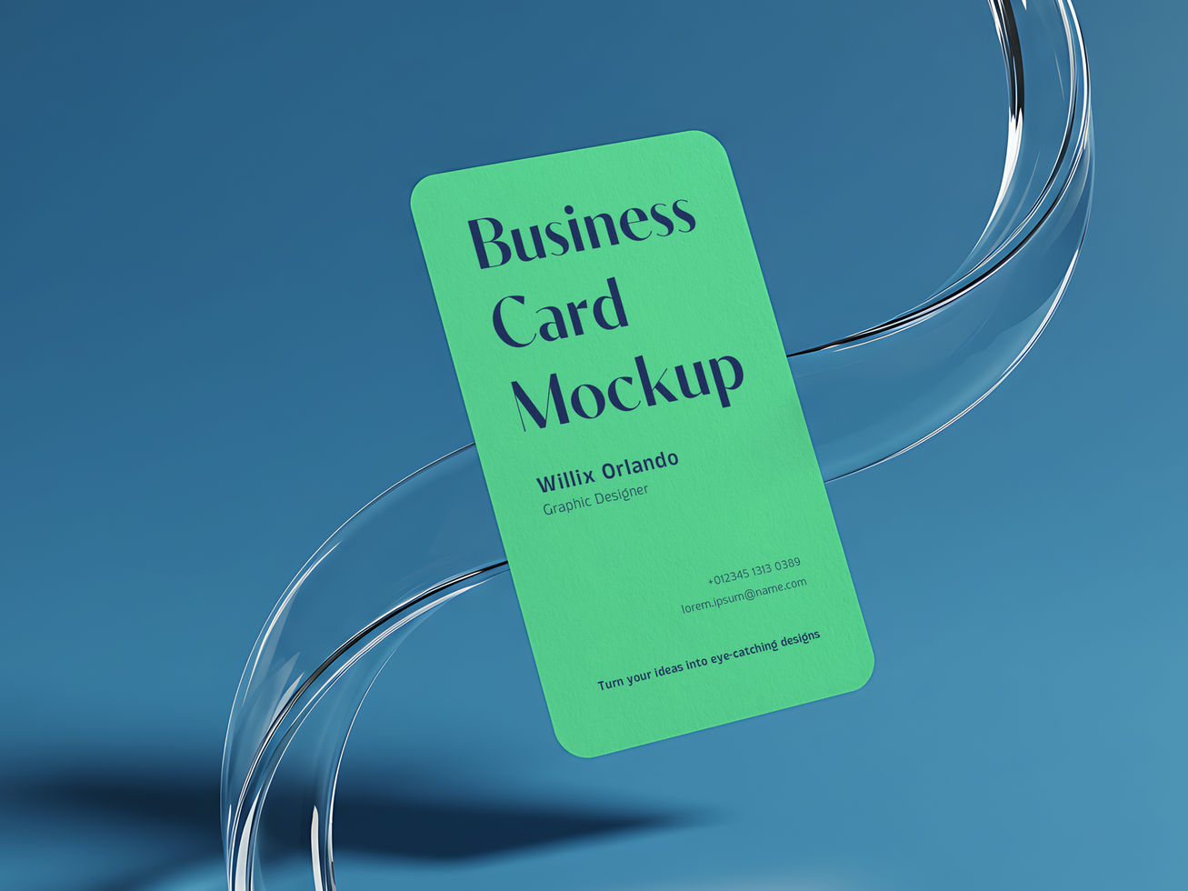 Vertical Business Card Mockup Floating on Clear Glass Curve with Blue Background psd