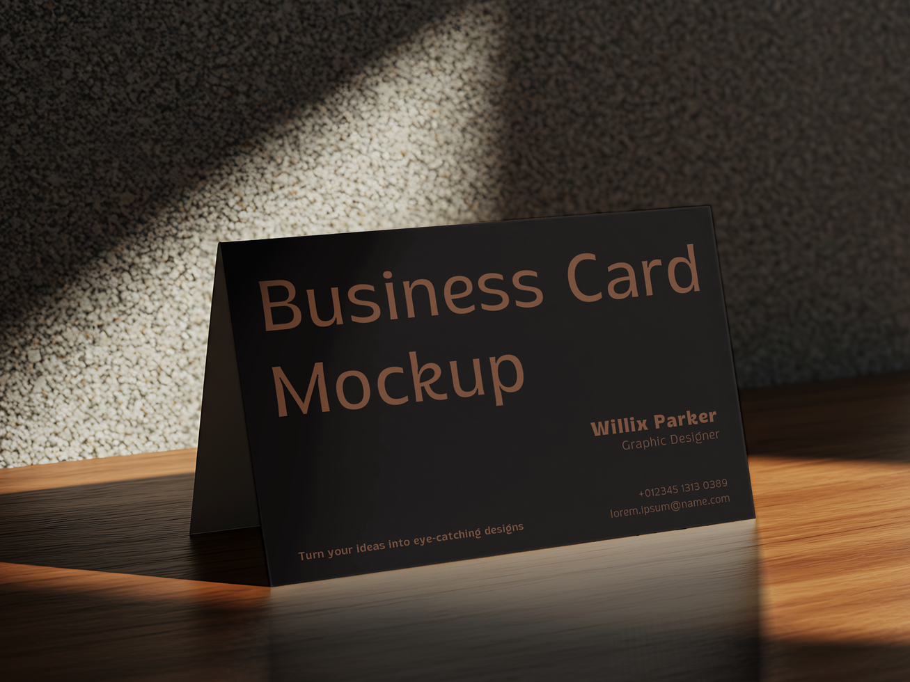 Dark Business Card Mockup on Wooden Table with Textured Wall and Dramatic Light psd