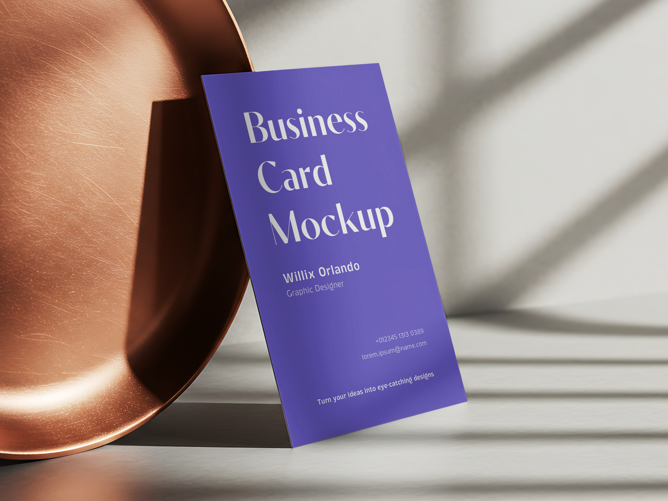 Vertical Business Card Mockup with Elegant Lighting and Copper Plate Background psd