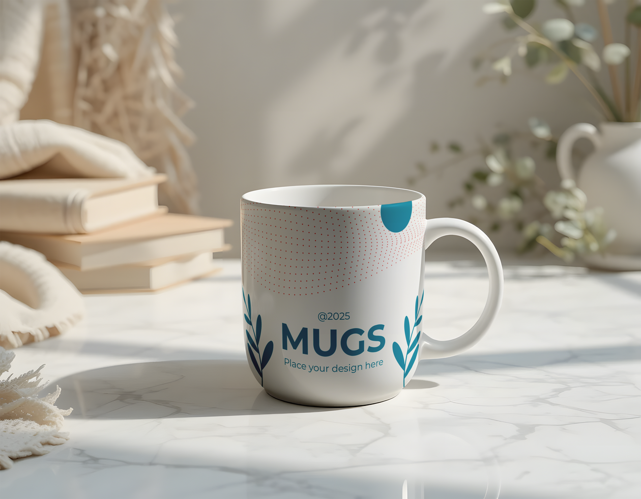 mug mockup on marble table with aesthetic background psd
