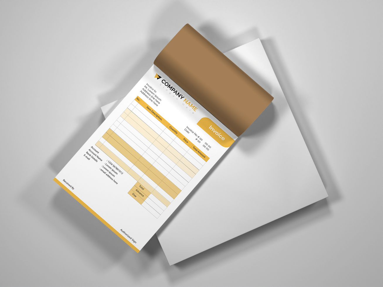 Invoice Book Mockup in White and Gold with Shadow. psd