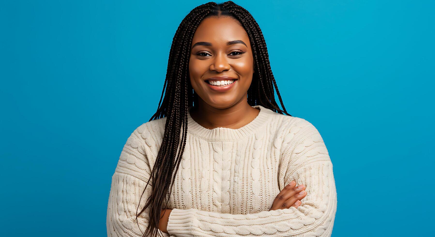 A woman with braids and a sweater standing in front of a blue background photo