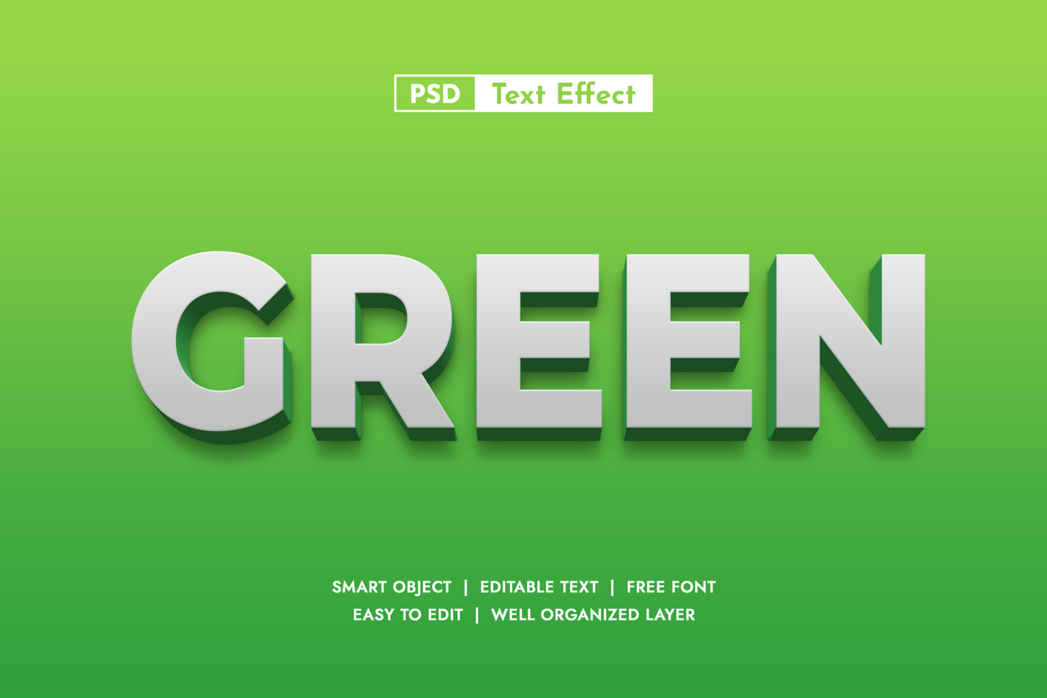 Clean Modern White Green 3D Text Effect. Editable Minimalist Font Style on Bright Green Background for Eco, Nature, and Fresh Concept Designs psd