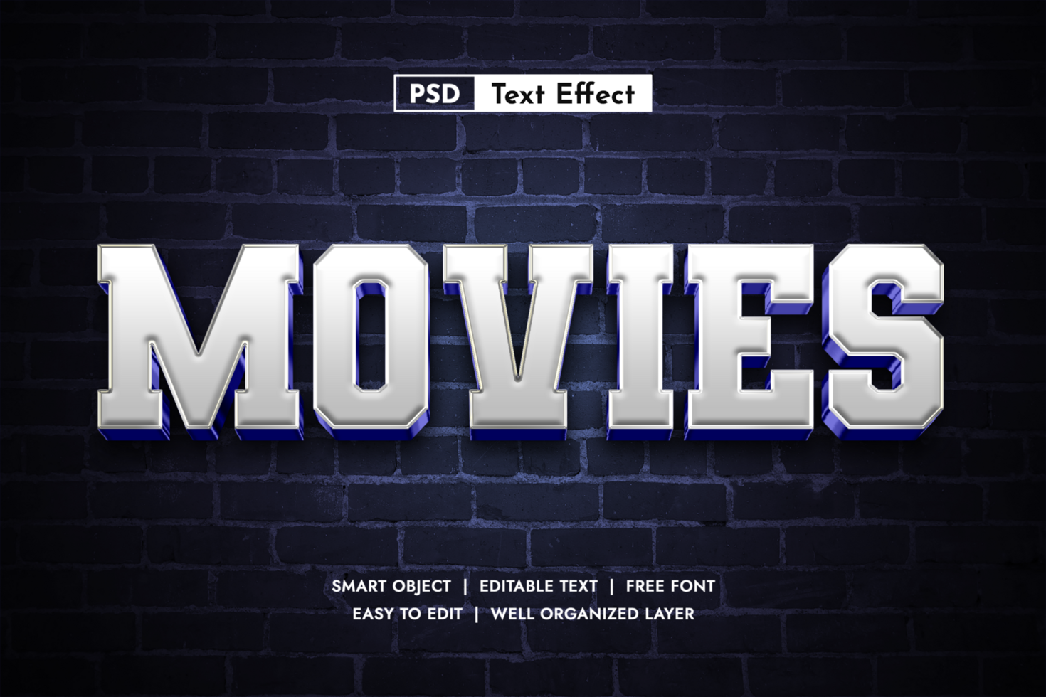 Bold Cinematic 3D Text Effect for Movie Titles - White Metallic Font Style psd