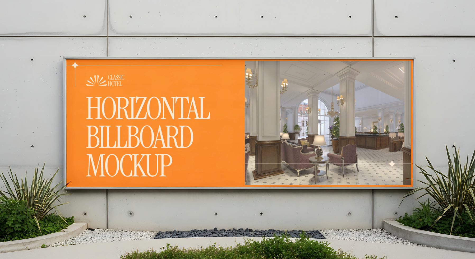 A horizontal billboard mockup displays a Classic Hotel lobby psd