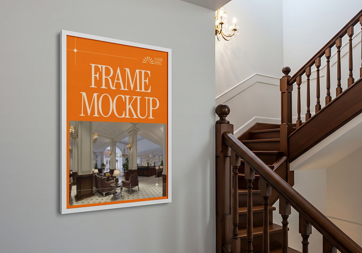 A frame mockup showcasing a luxurious hotel lobby psd