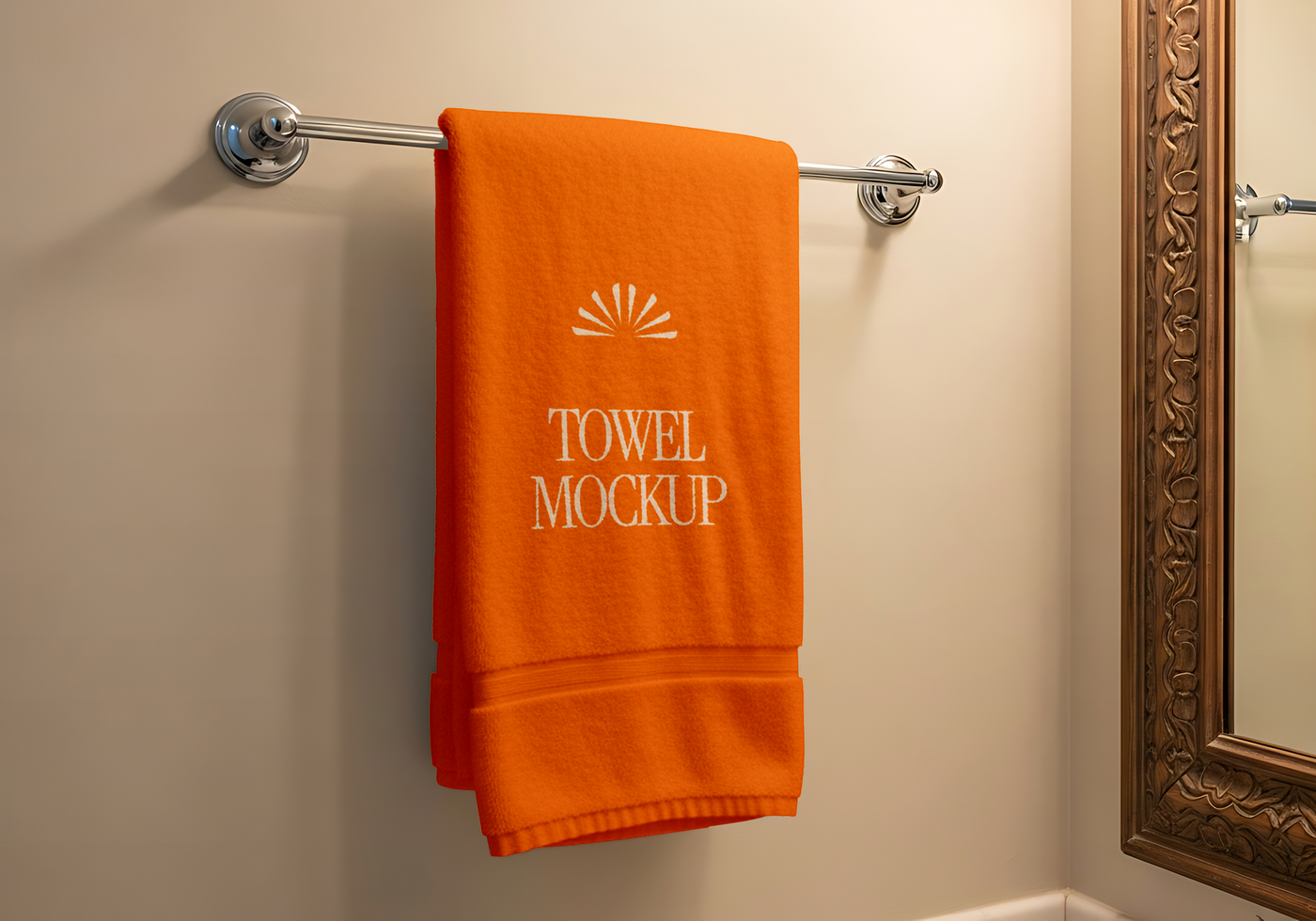An orange towel with Towel Mockup embroidered hangs on a chrome towel rack psd