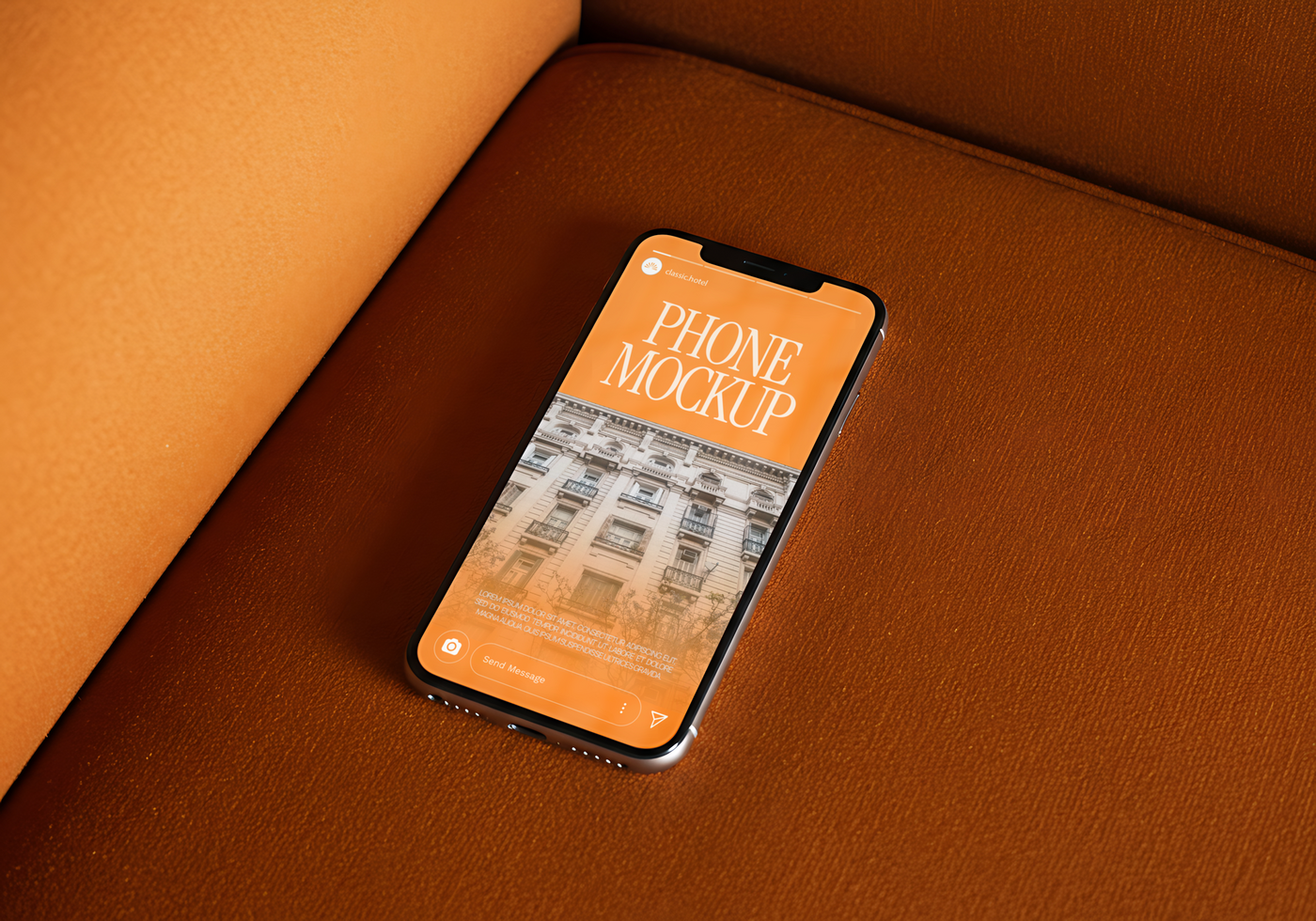 A smartphone displaying a phone mockup rests on a brown leather couch psd