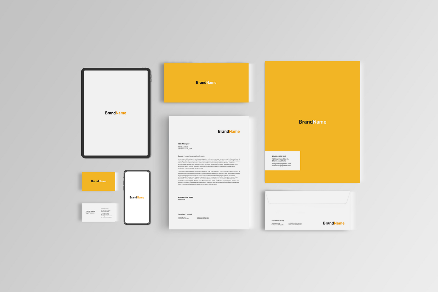 Yellow Color Stationary Mockup Tab and Phone psd
