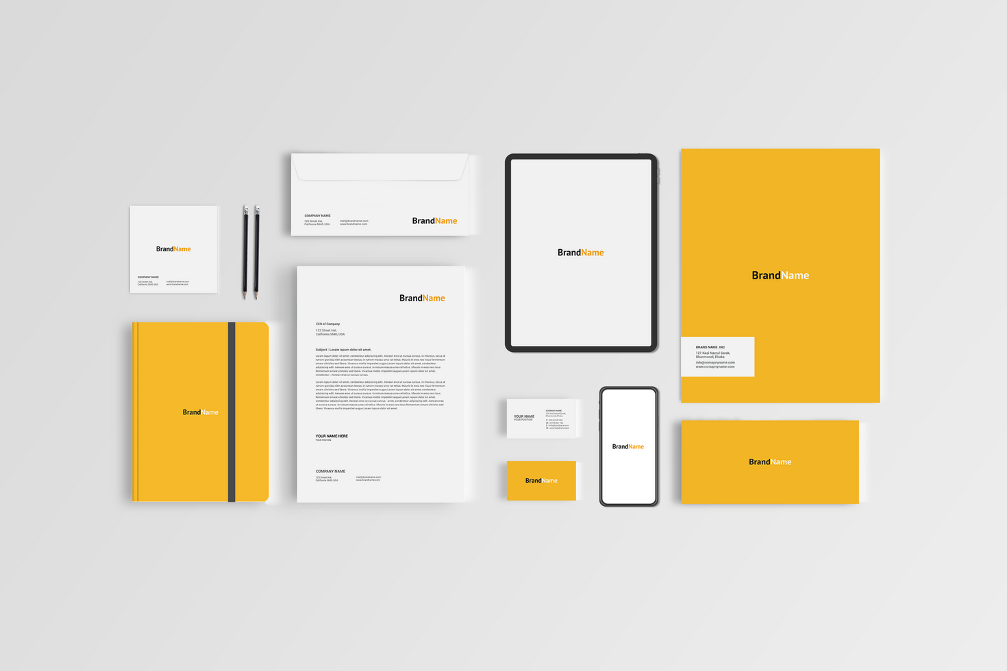 Yellow Color Stationary Mockup Design with Tablet psd