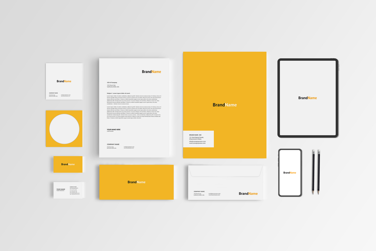 Yellow Color Stationary Mockup Design Tab and Phone psd