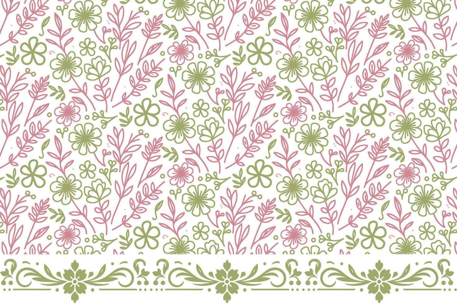 floral line art pattern print, cotton flower sketch with border, abstract motif textile design, rose wrapping texture idea, modern fashion fabric vector