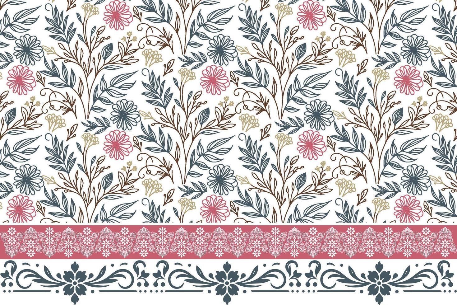 modern floral textile print, cotton line sketch flower, one line border rose design, home fabric pattern idea, fashion wrapping paper vector