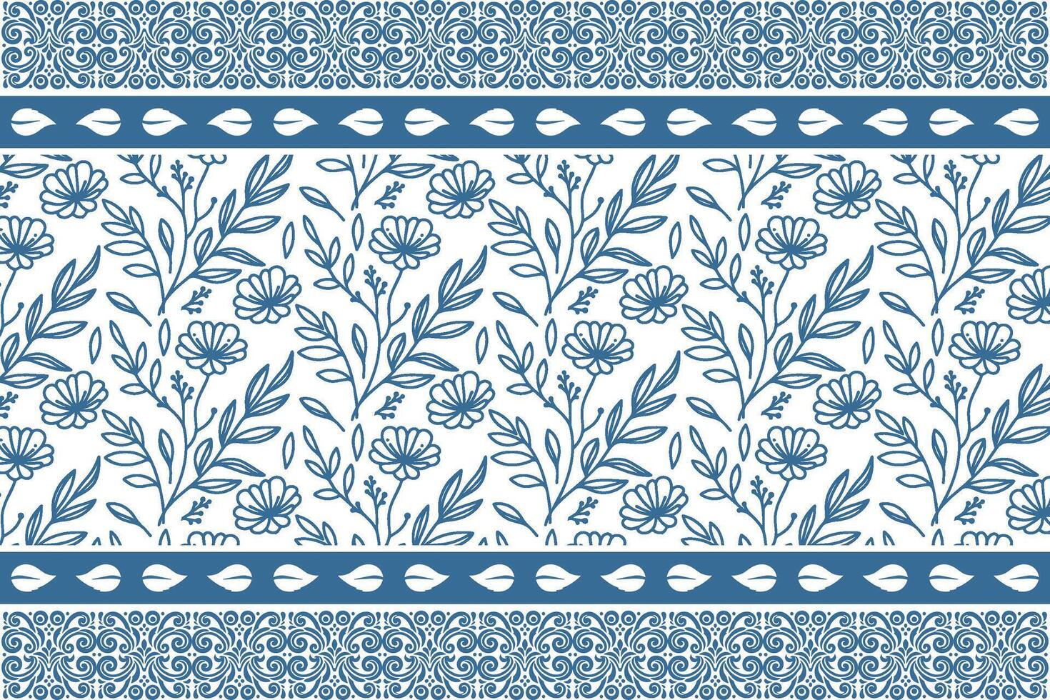 blue flower sketch print, single line rose drawing, embroidered border repeat, trendy fashion pattern, wrapping paper textile vector