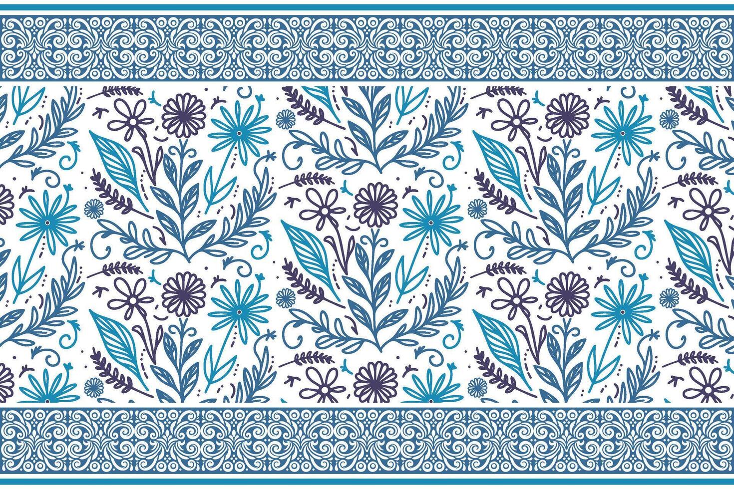 blue floral one line drawing, minimal border stitch, cotton flower artwork, wrapping fashion textile, home use print vector