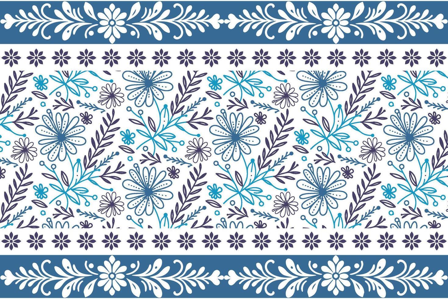 blue cotton flower design, one line sketch florals, border embroidery detail, trendy fabric texture, stylish flower pattern vector