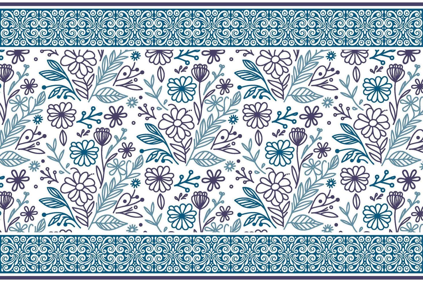 blue outline floral sketch, embroidery cotton border, minimal rose artwork, stylish print pattern, textile wrapping paper vector