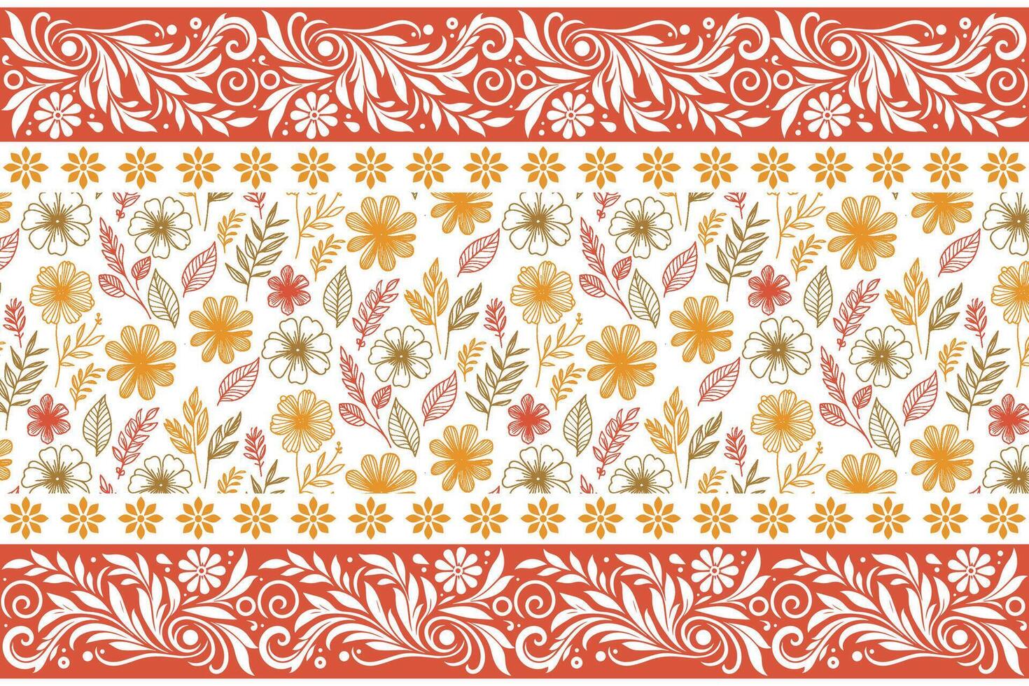 sketch pattern with floral border, outline cotton flower design, rose motif for textile print, wrapping texture idea, fashion fabric drawing vector