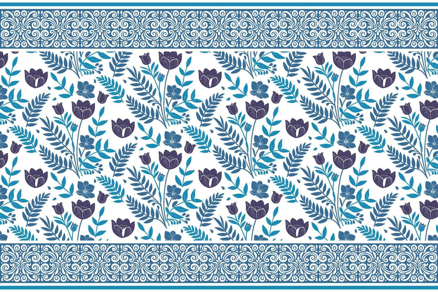blue one line rose print, pattern with border detail, abstract flower line design, cotton floral texture, kitchen wear fashion vector