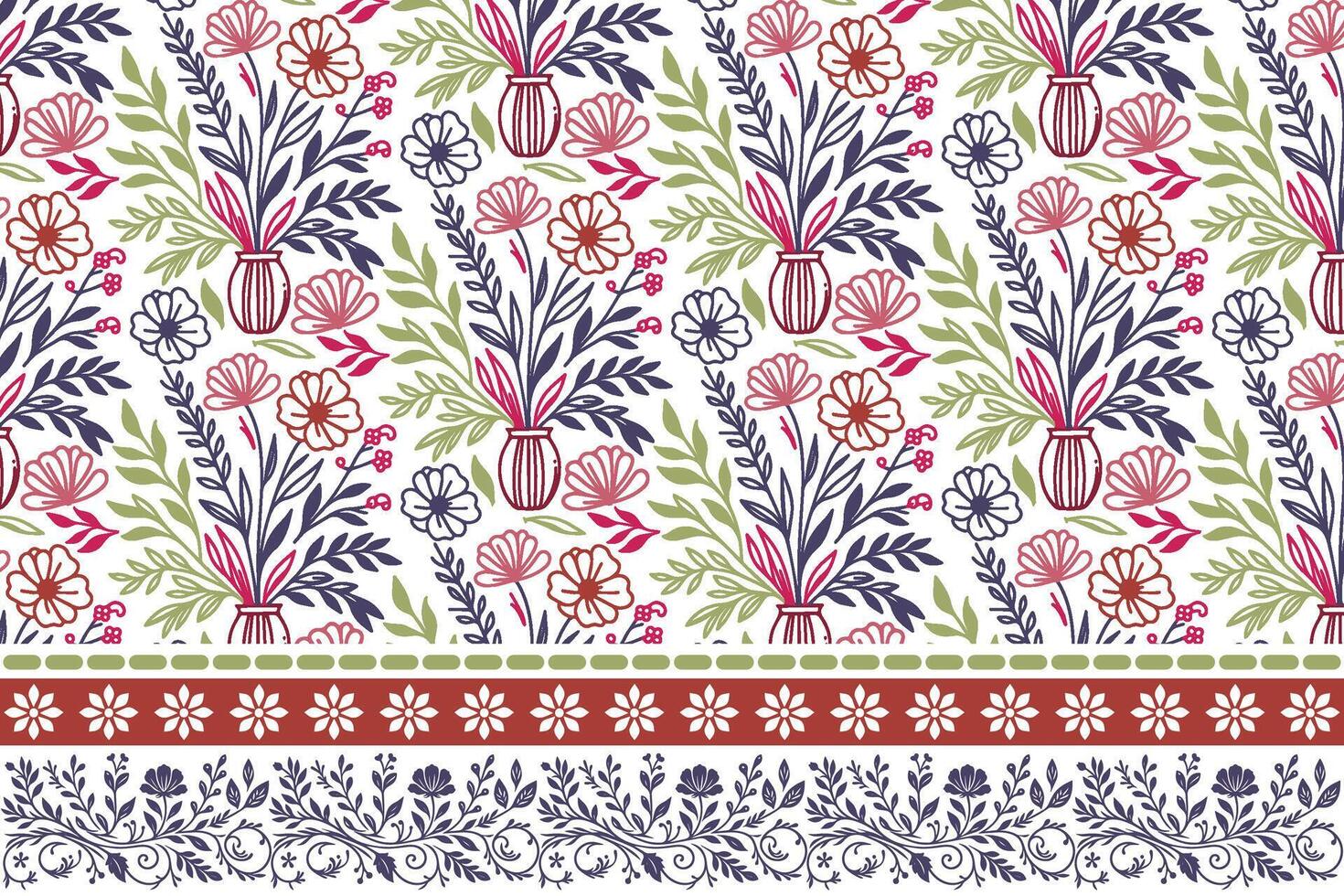 repeat flower pattern idea, single line border drawing, cotton embroidery textile, trendy women wear print, sketch art wallpaper design vector